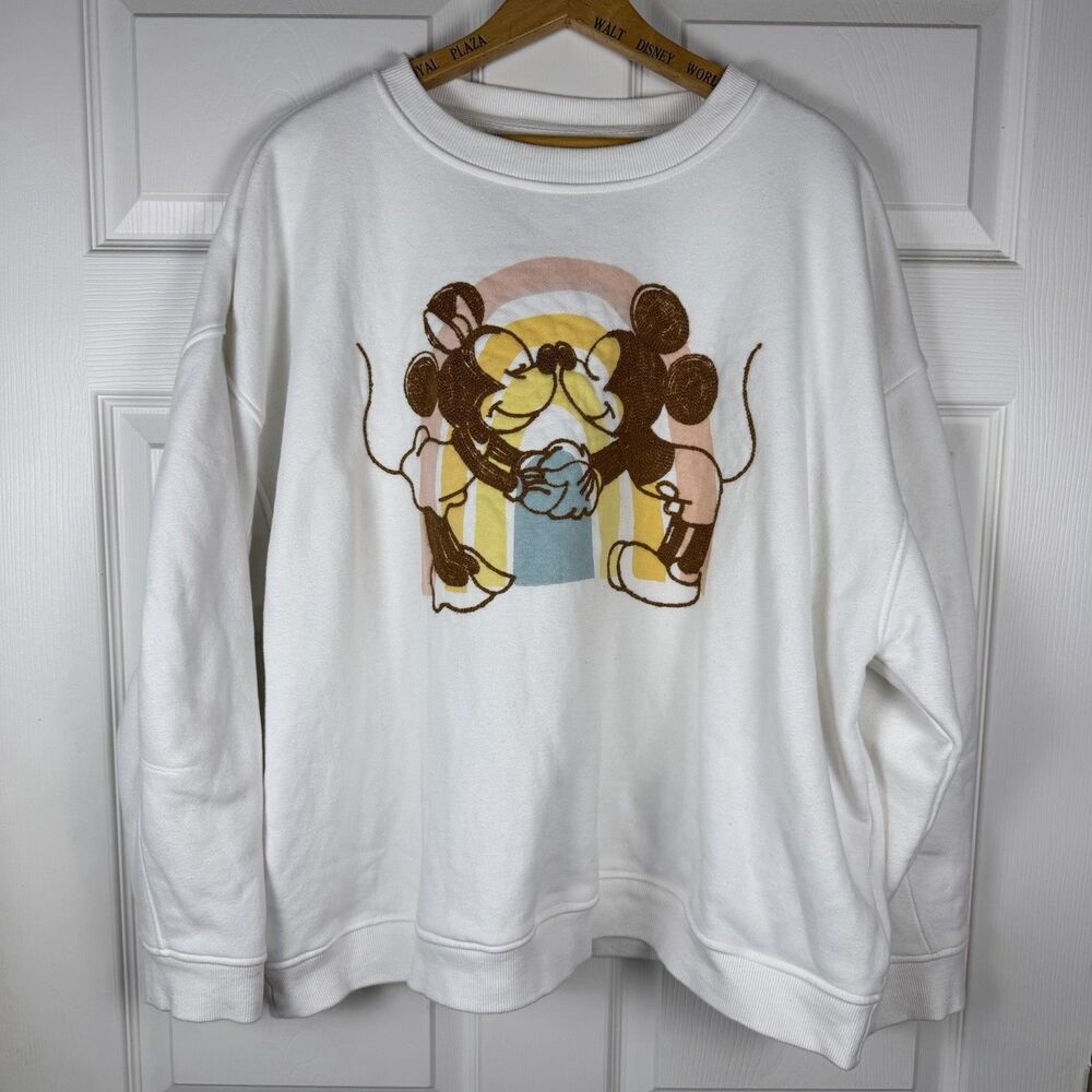 Disney Parks Mickey & Minnie Mouse Pastel Rainbow Sweatshirt White XXL Oversized
